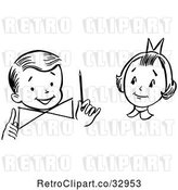 Vector Clip Art of Retro Girl Watching a Boy Perform a Magic Dial Magic Trick by Picsburg