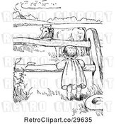 Vector Clip Art of Retro Girl Watching a Cow Through a Fence by Prawny Vintage