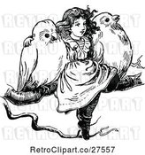 Vector Clip Art of Retro Girl with Birds on a Branch by Prawny Vintage