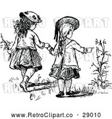 Vector Clip Art of Retro Girls Holding Hands and Looking at Flowers by Prawny Vintage
