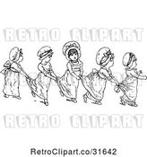 Vector Clip Art of Retro Girls in a Line Holding on to Each Others Dresses by Prawny Vintage