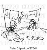 Vector Clip Art of Retro Girls Playing in Sand Under Laundry on a Line by Prawny Vintage