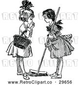 Vector Clip Art of Retro Girls Sweeping and Talking by Prawny Vintage