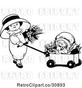 Vector Clip Art of Retro Girls with Flowers a Rabbit and Wagon by Prawny Vintage