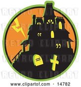 Vector Clip Art of Retro Glowing Eyes Peeking out from Windows in a Silhouetted Haunted House Against an Orange Sky with Lightning and Graves in the Foreground by Andy Nortnik