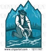 Vector Clip Art of Retro Gold Digger Propector Panning for Gold over Mountains by Patrimonio