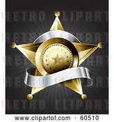 Vector Clip Art of Retro Gold Star Police Badge Draped by a Blank Silver Banner on a Bursting Gray Background by TA Images
