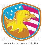 Vector Clip Art of Retro Golden Bald Eagle Head in an American Flag Shield with Brown White and Blue Trim by Patrimonio
