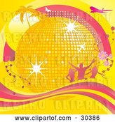 Vector Clip Art of Retro Golden Disco Ball Surrounded by Palm Trees, Sunshine, Silhouetted People, Flowers, Airplanes and Butterflies and a Wave of Pink and Yellow by Elaineitalia