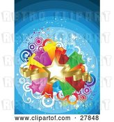 Vector Clip Art of Retro Golden Star and Ribbons over a Bursting Island of Yellow, Purple, Orange, Red, Green and Blue Stars over a Gradient Blue Background of Circles and Butterflies by KJ Pargeter