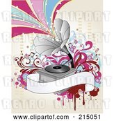Vector Clip Art of Retro Gramophone Background with Starry Waves and a Blank Banner on Antique White by OnFocusMedia