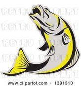 Vector Clip Art of Retro Gray Black and Yellow Barramundi Asian Sea Bass Fish Jumping by Patrimonio