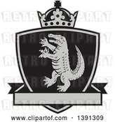 Vector Clip Art of Retro Grayscale Alligator or Crocodile Coat of Arms Shield with a Crown and Blank Banner by Patrimonio