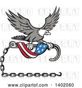 Vector Clip Art of Retro Grayscale Bald Eagle Flying with a Towing J Hook and an American Flag Banner by Patrimonio