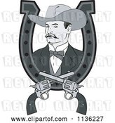 Vector Clip Art of Retro Grayscale Cowboy in a Horseshoe with Crossed Pistols by Patrimonio