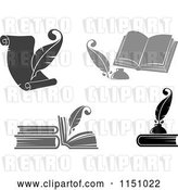 Vector Clip Art of Retro Grayscale Feather Quill Pens and Books by Vector Tradition SM