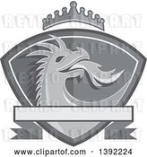 Vector Clip Art of Retro Grayscale Fire Breathing Dragon Head in a Shield, with a Crown and Banner by Patrimonio