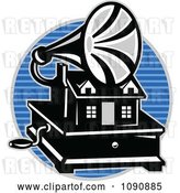 Vector Clip Art of Retro Grayscale Gramaphone over a Blue Lined Circle by Patrimonio
