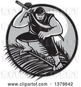 Vector Clip Art of Retro Grayscale Samoan Ninja with Samurai Sword over Palm Branches Against a Full Moon by Patrimonio