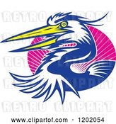 Vector Clip Art of Retro Great Blue Heron Bird Emerging from an Oval of Pink Rays by Patrimonio