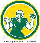 Vector Clip Art of Retro Green American Football Player Throwing in a Yellow Circle by Patrimonio