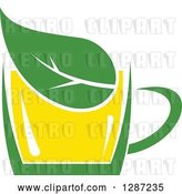 Vector Clip Art of Retro Green and Yellow Tea Cup with a Leaf by Vector Tradition SM