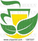 Vector Clip Art of Retro Green and Yellow Tea Cup with Leaves and Steam by Vector Tradition SM