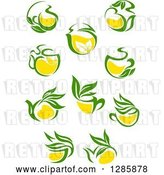 Vector Clip Art of Retro Green and Yellow Tea Cups and Pots with Leaves 2 by Vector Tradition SM