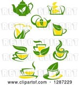 Vector Clip Art of Retro Green and Yellow Tea Cups and Pots with Leaves 3 by Vector Tradition SM