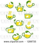 Vector Clip Art of Retro Green and Yellow Tea Cups and Pots with Leaves 5 by Vector Tradition SM