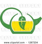 Vector Clip Art of Retro Green and Yellow Tea Pot with a Leaf Dipping in the Liquid by Vector Tradition SM