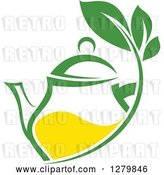 Vector Clip Art of Retro Green and Yellow Tea Pot with Leaves by Vector Tradition SM