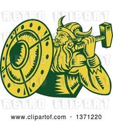 Vector Clip Art of Retro Green and Yellow Woodcut Male Viking Warrior with a Hammer and Shield by Patrimonio
