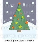 Vector Clip Art of Retro Green Christmas Tree with Stars on a Snowy Hill by Prawny