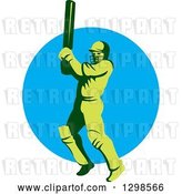 Vector Clip Art of Retro Green Cricket Batsman over a Blue Circle by Patrimonio