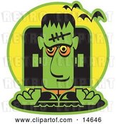 Vector Clip Art of Retro Green Frankenstein with Vampire Bats by Andy Nortnik