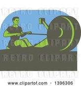 Vector Clip Art of Retro Green Guy Working out on a Rowing Machine, over Blue by Patrimonio