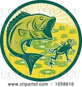 Vector Clip Art of Retro Green Largemouth Bass and Frog Circle by Patrimonio