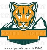 Vector Clip Art of Retro Green, Orange and White Puma Cougar Mountain Lion Face over Mountains and a Blank Banner by Patrimonio