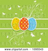 Vector Clip Art of Retro Green Polka Dot Easter Egg Background with Flourishes and Butterflies by KJ Pargeter