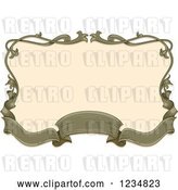 Vector Clip Art of Retro Green Ribbon Banner and Floral Frame Around Beige by BNP Design Studio