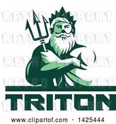Vector Clip Art of Retro Green Toned Guy, Triton Mythological God, Holding a Trident in Folded Arms, over Text by Patrimonio