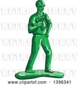 Vector Clip Art of Retro Green Toy Construction Worker Holding a Nail Gun by Patrimonio