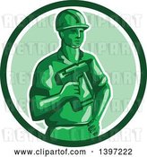 Vector Clip Art of Retro Green Toy Construction Worker Holding a Nail Gun in a Circle by Patrimonio