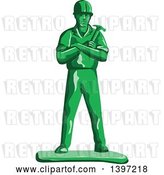 Vector Clip Art of Retro Green Toy Male Carpenter or Builder with Folded Arms, Holding a Hammer by Patrimonio