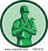 Vector Clip Art of Retro Green Toy Male Carpenter or Builder with Folded Arms, Holding a Hammer in a Circle by Patrimonio