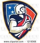 Vector Clip Art of Retro Gridiron American Football Player Holding a Ball in an American Shield by Patrimonio