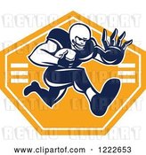 Vector Clip Art of Retro Gridiron American Football Player Running with the Ball over an Orange Shield by Patrimonio