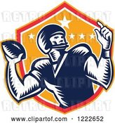 Vector Clip Art of Retro Gridiron American Football Player Throwing over a Red and Orange Shield by Patrimonio