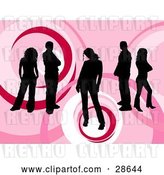 Vector Clip Art of Retro Group of Five Black Silhouetted People Standing over a Pink Background with Circle Designs by KJ Pargeter